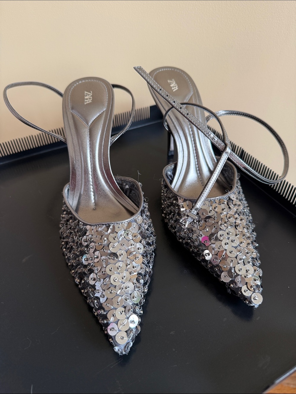 Zara Silver Sequin Pointed Slingback Heels with Ankle Straps